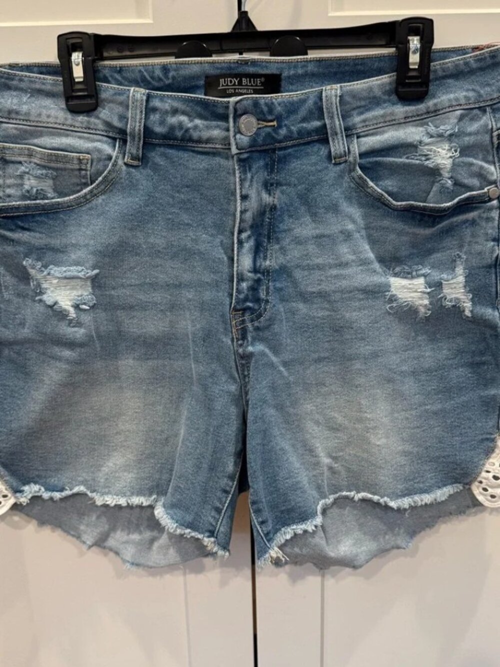 Judy Blue Women's Ripped Jean Shorts w/ Lace - Light Blue, 1XL